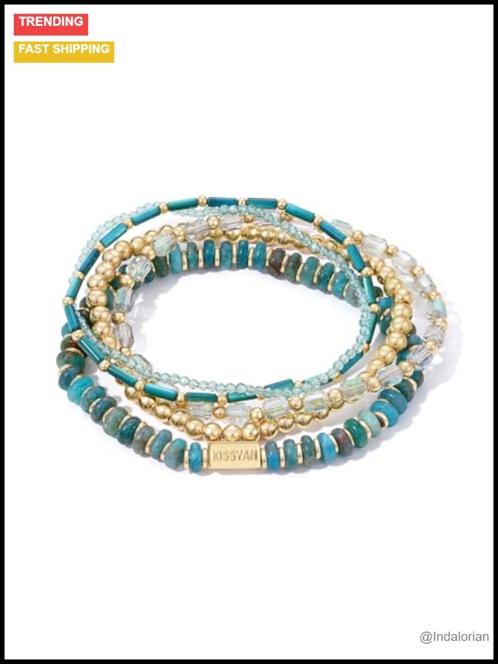 5-Piece Natural Stone Beaded Bracelet Set 14K Gold Plated Stretch